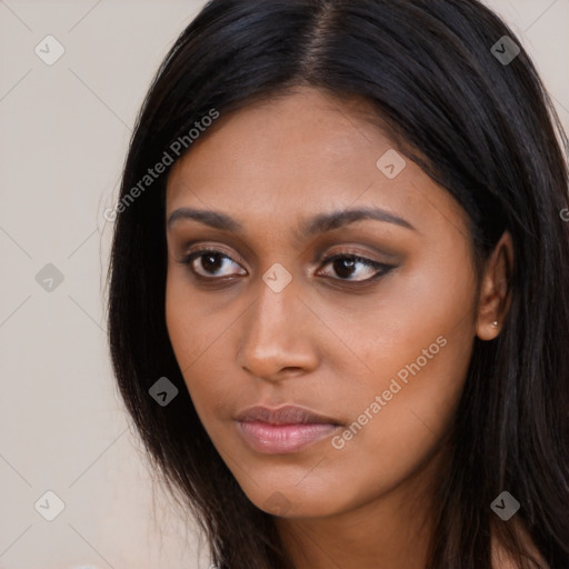 Neutral asian young-adult female with long  brown hair and brown eyes