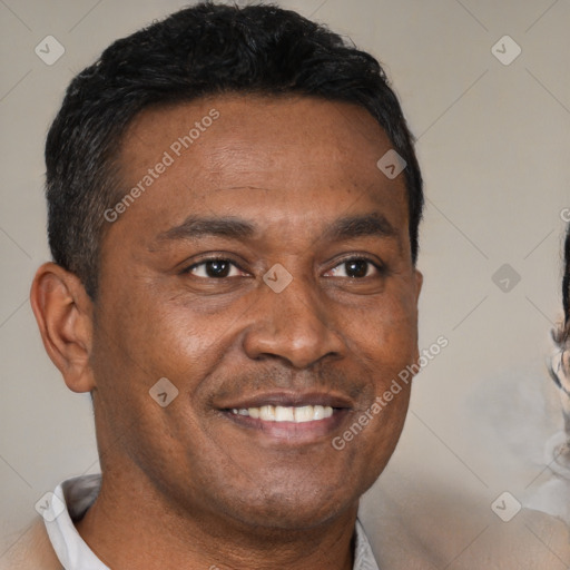 Joyful latino young-adult male with short  brown hair and brown eyes