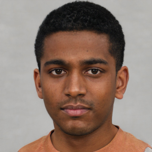 Neutral black young-adult male with short  black hair and brown eyes