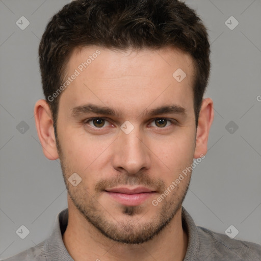 Neutral white young-adult male with short  brown hair and brown eyes