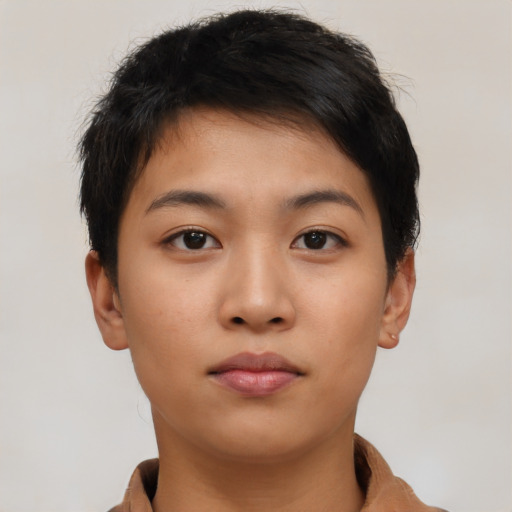 Neutral asian young-adult female with short  brown hair and brown eyes