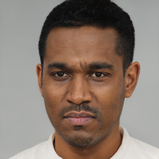 Neutral black young-adult male with short  black hair and brown eyes