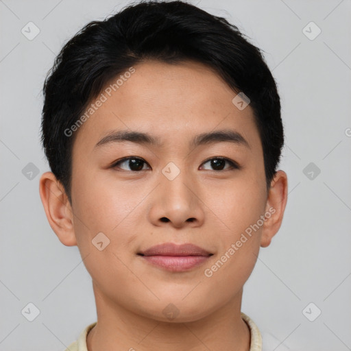Joyful asian young-adult female with short  brown hair and brown eyes