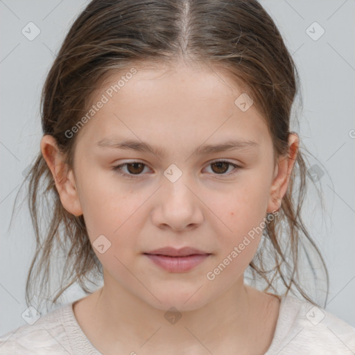 Joyful white child female with medium  brown hair and brown eyes