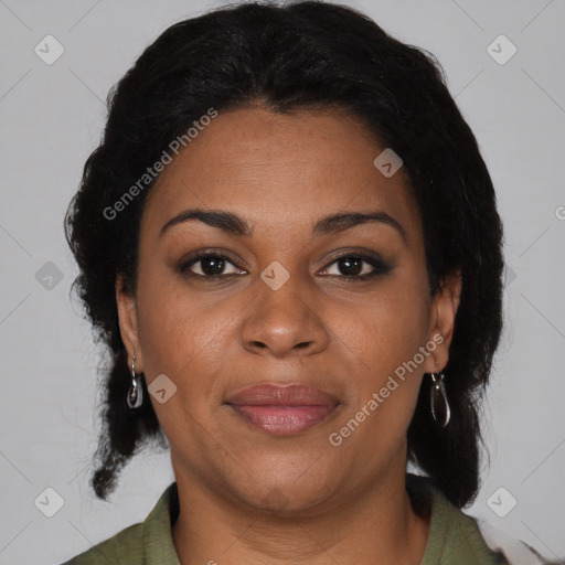 Joyful black young-adult female with medium  black hair and brown eyes