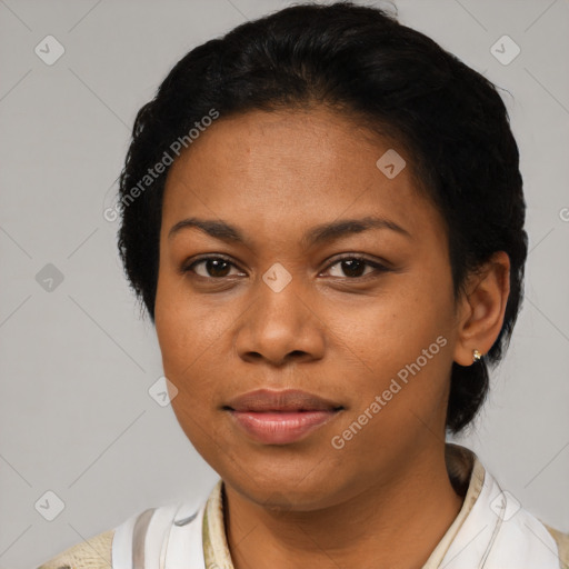 Neutral latino young-adult female with short  black hair and brown eyes