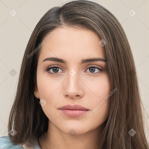 Neutral white young-adult female with long  brown hair and brown eyes