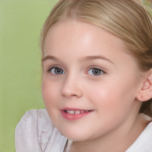 Joyful white child female with medium  brown hair and blue eyes