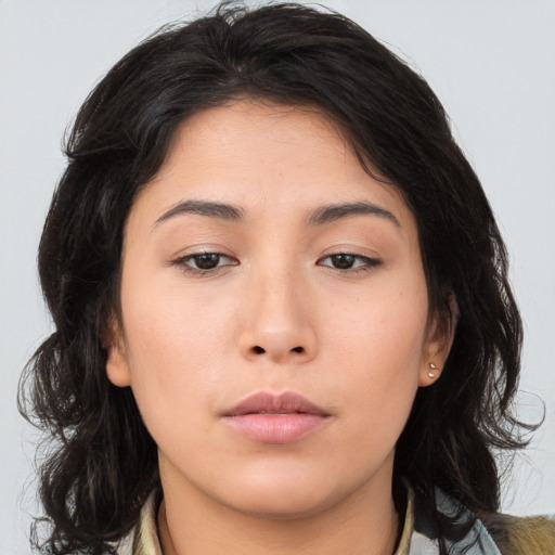 Neutral asian young-adult female with medium  brown hair and brown eyes