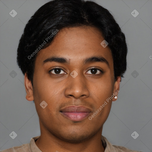 Joyful latino young-adult male with short  black hair and brown eyes