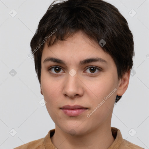 Neutral white young-adult female with short  brown hair and brown eyes