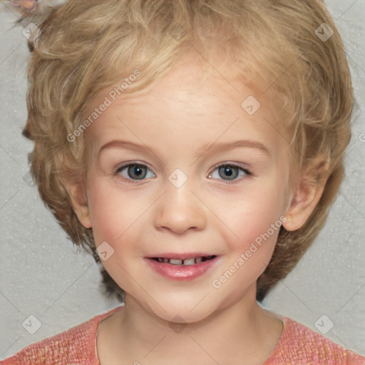 Joyful white child female with medium  brown hair and grey eyes