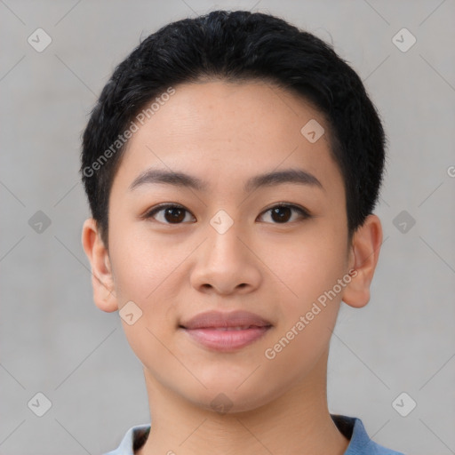 Joyful asian young-adult female with short  black hair and brown eyes