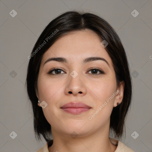 Joyful white young-adult female with medium  brown hair and brown eyes