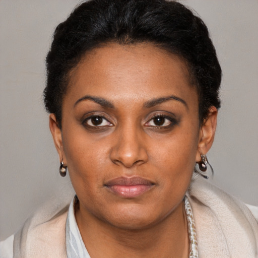 Neutral black young-adult female with short  brown hair and brown eyes