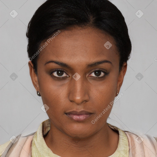 Neutral latino young-adult female with short  black hair and brown eyes