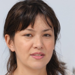 Joyful white adult female with long  brown hair and brown eyes