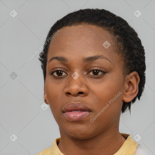 Neutral black young-adult female with short  black hair and brown eyes