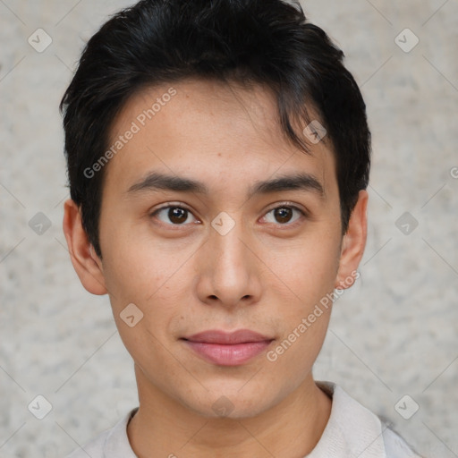 Neutral asian young-adult male with short  brown hair and brown eyes