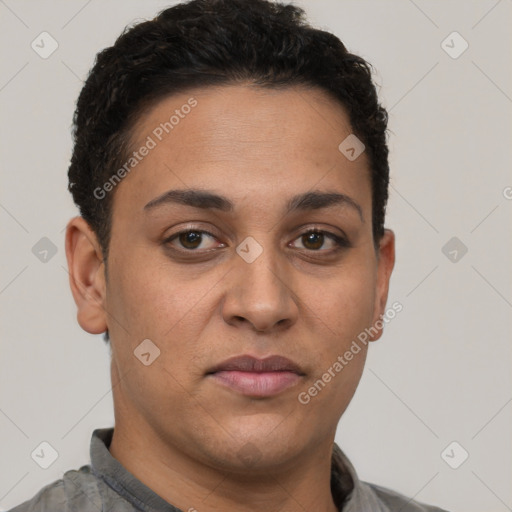 Neutral latino young-adult female with short  brown hair and brown eyes
