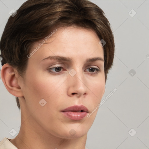 Neutral white young-adult female with short  brown hair and brown eyes