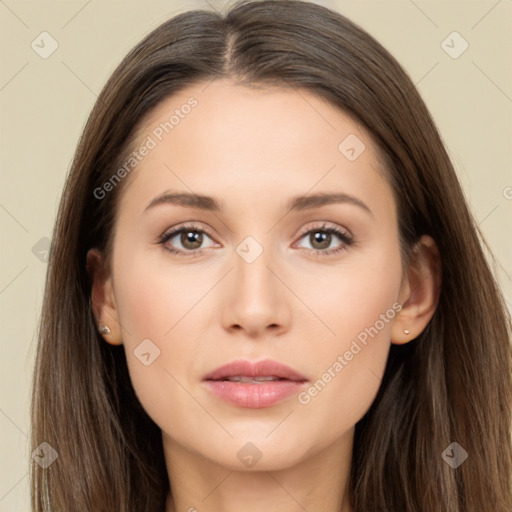 Neutral white young-adult female with long  brown hair and brown eyes