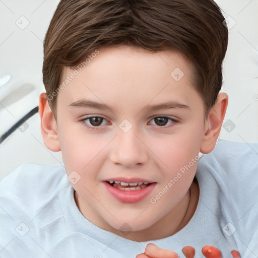 Joyful white child female with short  brown hair and brown eyes