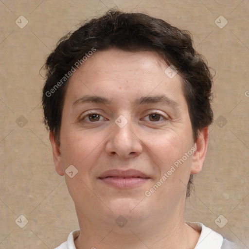 Joyful white adult female with short  brown hair and brown eyes