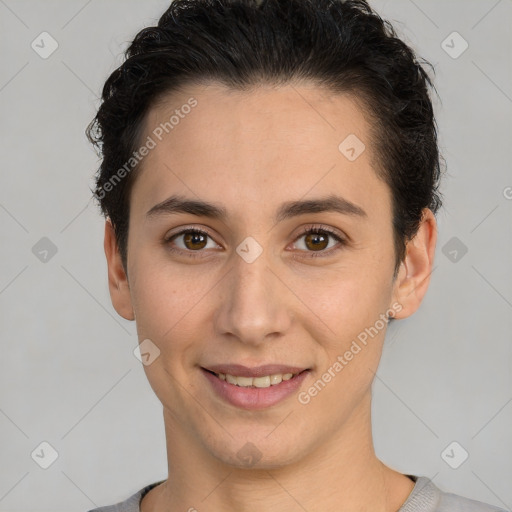 Joyful white young-adult female with short  brown hair and brown eyes