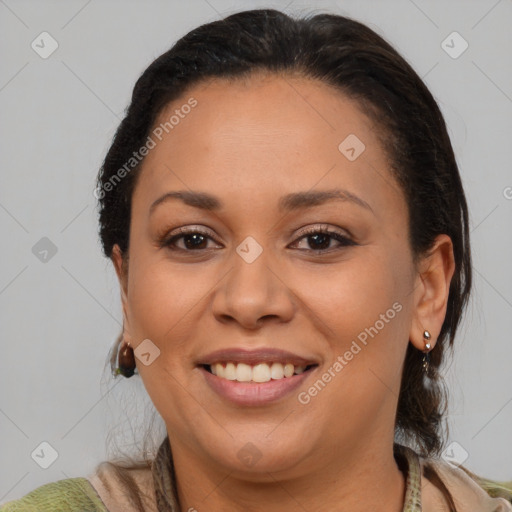 Joyful latino young-adult female with medium  brown hair and brown eyes