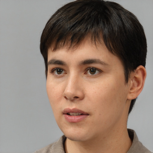 Neutral asian young-adult male with short  brown hair and brown eyes