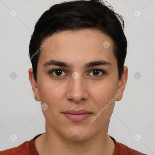 Neutral white young-adult male with short  brown hair and brown eyes