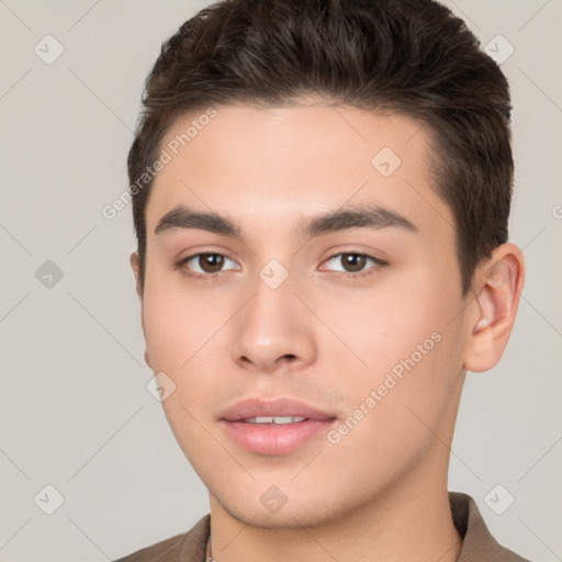 Neutral white young-adult male with short  brown hair and brown eyes