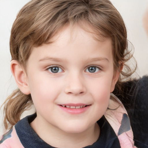 Joyful white child female with medium  brown hair and grey eyes