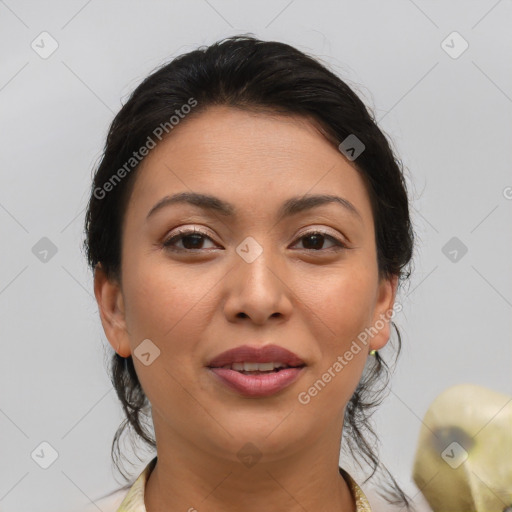 Joyful asian young-adult female with medium  brown hair and brown eyes