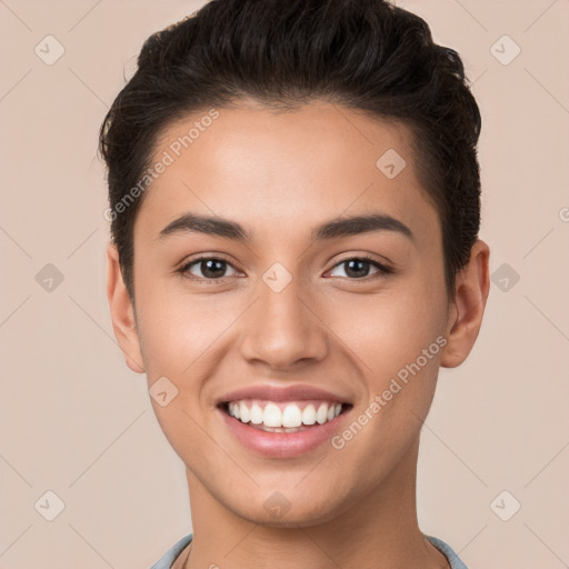 Joyful white young-adult female with short  brown hair and brown eyes