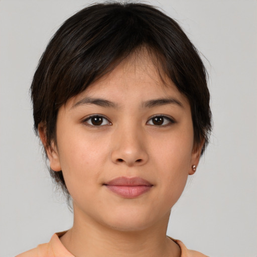 Neutral white young-adult female with short  brown hair and brown eyes