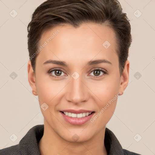 Joyful white young-adult female with short  brown hair and brown eyes