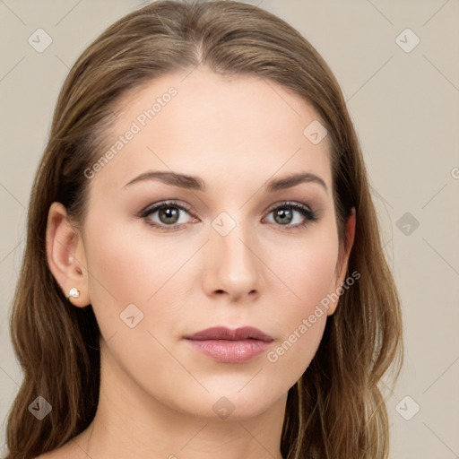 Neutral white young-adult female with long  brown hair and grey eyes