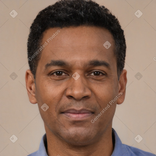 Joyful latino adult male with short  black hair and brown eyes