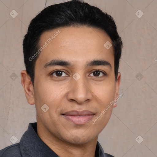 Joyful white young-adult male with short  black hair and brown eyes