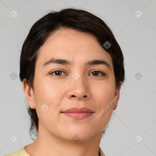 Neutral white young-adult female with medium  brown hair and brown eyes