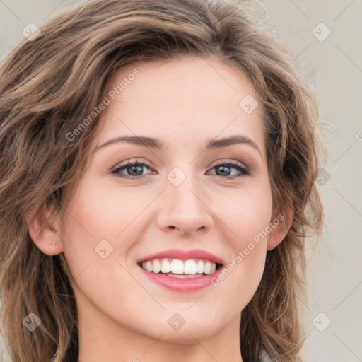 Joyful white young-adult female with long  brown hair and green eyes