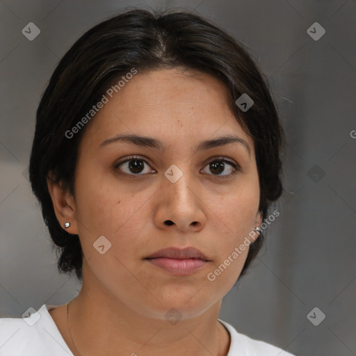 Neutral white young-adult female with medium  brown hair and brown eyes
