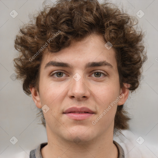 Joyful white young-adult male with medium  brown hair and brown eyes