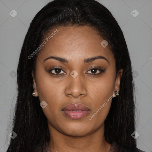 Joyful latino young-adult female with long  brown hair and brown eyes