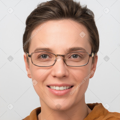 Joyful white young-adult female with short  brown hair and grey eyes