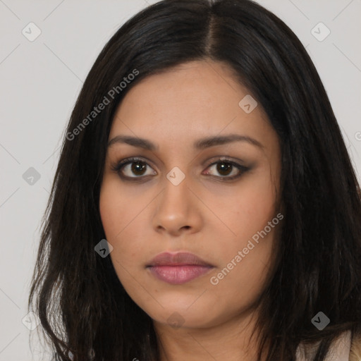 Neutral asian young-adult female with long  black hair and brown eyes