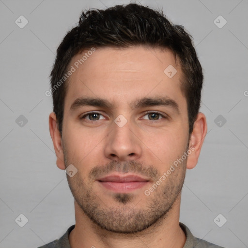 Neutral white young-adult male with short  brown hair and brown eyes