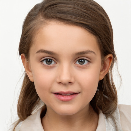 Joyful white child female with medium  brown hair and brown eyes